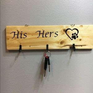 Wood key holder , 3 hooks , his hers dog paws